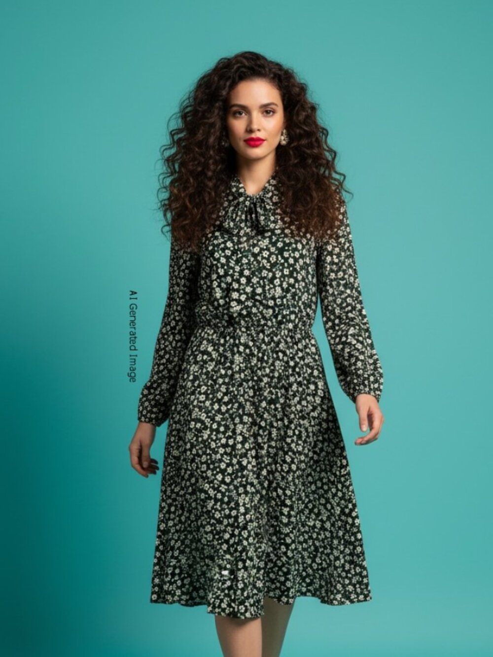 Lark & Grey Floral Tie-Neck Midi Dress Black & White Size M